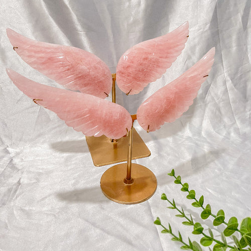 Rose Quartz Crystal Angel Wings on Gold Stand Wholesale Crystal Healing Decor