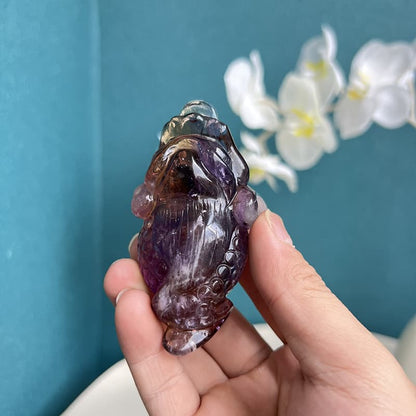 Animal Crystal Carving of Golden Toad in Ametrine
