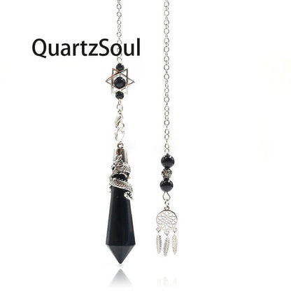 Obsidian Crystal Pendulum with Silver Dragon Wrap and Dreamcatcher