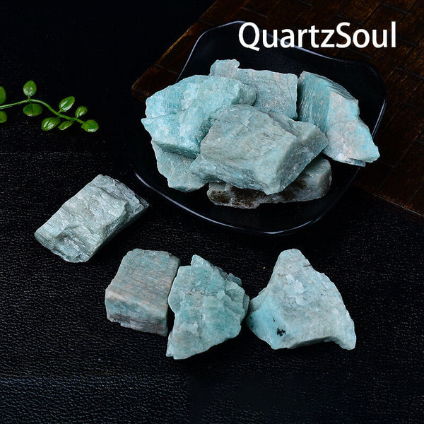  Raw Amazonite healing stones in display bowl showing size and color variation