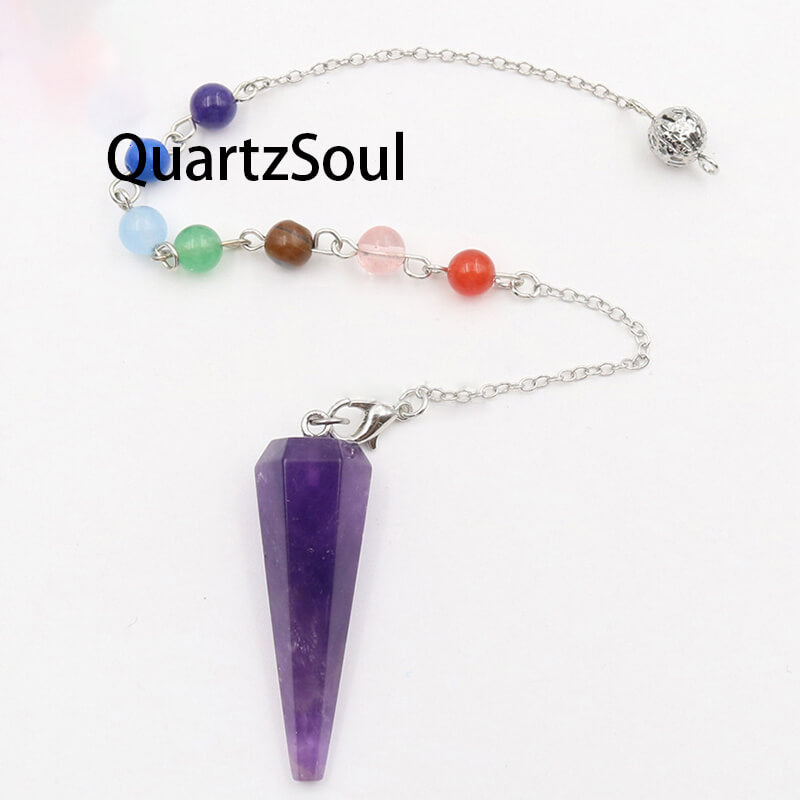 Amethyst Crystal Pendulum with 7 Chakra Chain for Divination and Dowsing