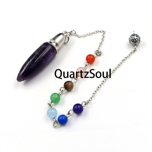 Natural Amethyst Crystal Pendulum with 7 Chakra Beads for Divination