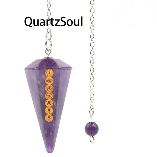 Natural Amethyst Crystal Pendulum with Chakra Symbols for Divination