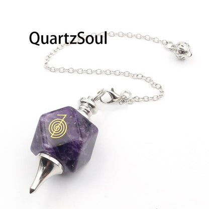 Amethyst Crystal Pendulum with Sacred Geometry Symbol for Divination and Dowsing