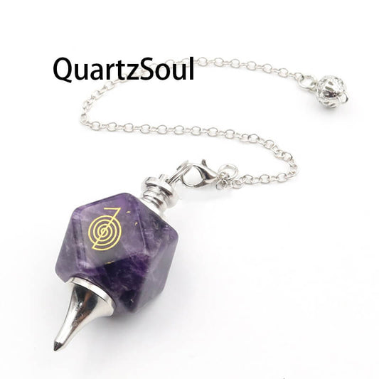 Amethyst Crystal Pendulum with Sacred Geometry Symbol for Divination and Dowsing