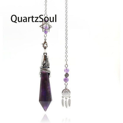 Amethyst Crystal Pendulum with Silver Dragon Wrap and Dreamcatcher Charm