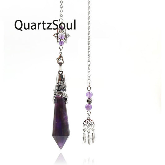 Amethyst Crystal Pendulum with Silver Dragon Wrap and Dreamcatcher Charm