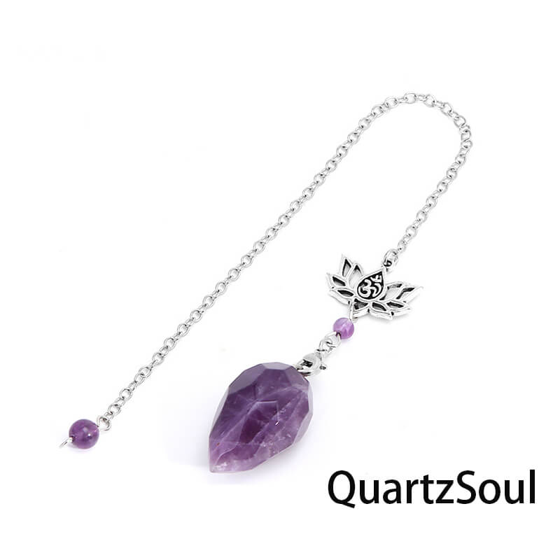 Amethyst crystal pendulum with lotus charm for spiritual growth and intuition
