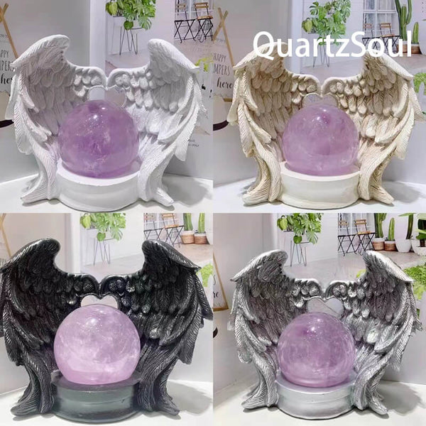 Angel Wing Crystal Sphere Display Stand with Heart Opening for Healing Stones