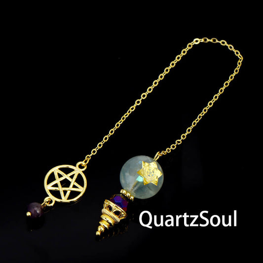 Aquamarine crystal pendulum with pentagram charm for divination