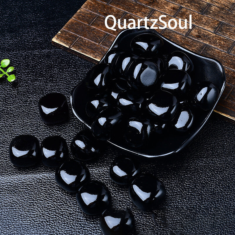 Natural Black Obsidian Tumbled Stones in Decorative Dish for Crystal Healing