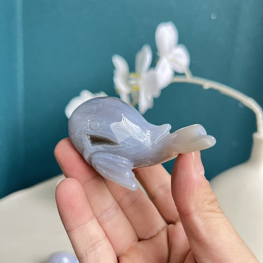 Natural blue agate whale crystal carving with smooth polished finish