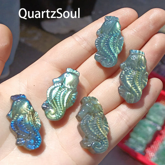 Hand-carved blue flash labradorite seahorse crystal for wholesale