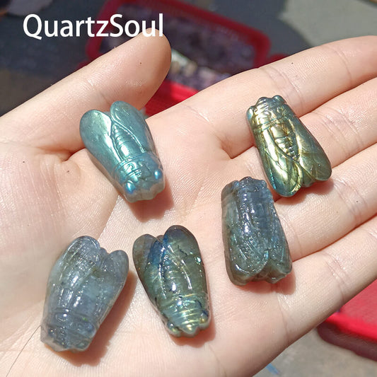 Blue flash labradorite cicada carving with iridescent sheen wholesale crystal