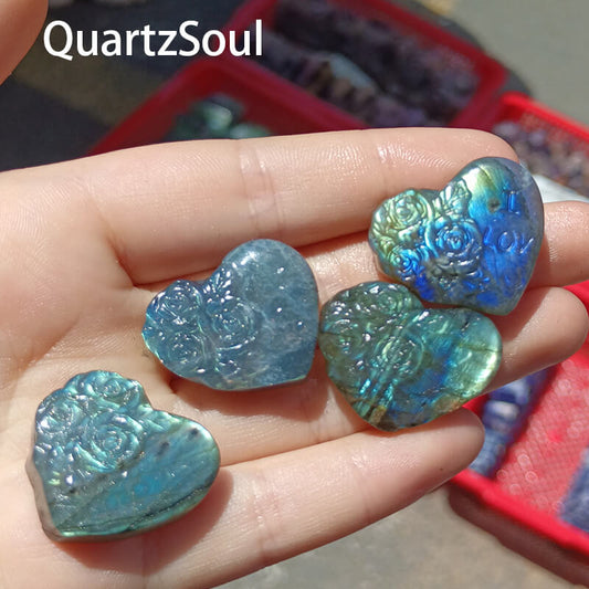 Wholesale carved blue labradorite hearts with rose detailing and iridescent flash