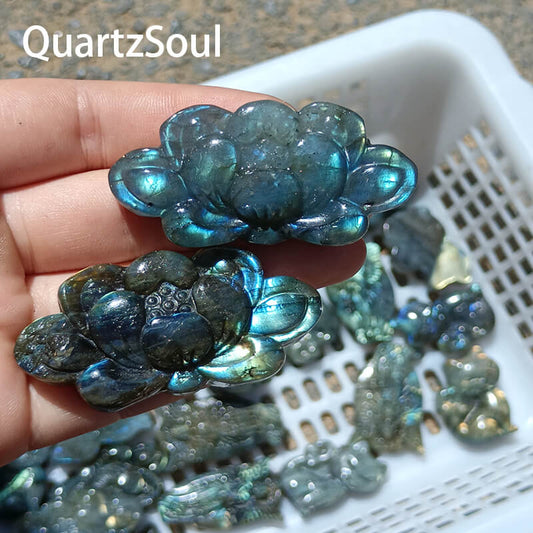 Carved blue flash labradorite lotus flower crystal wholesale
