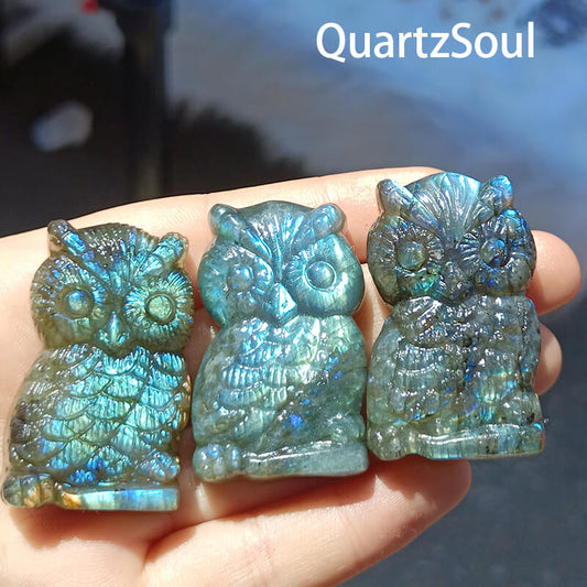 Handcrafted blue flash labradorite owl crystal carvings for wholesale
