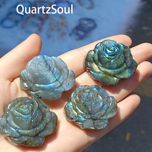Hand-carved blue flash labradorite rose crystal with iridescent shimmer for wholesale crystal suppliers