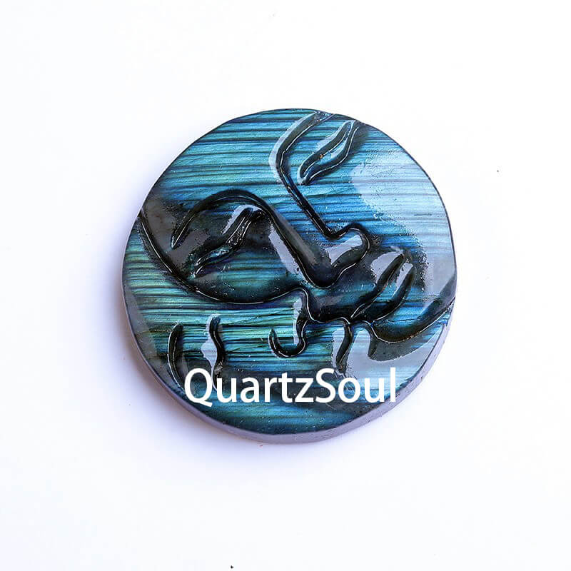 Labradorite Sun and Moon Face Crystal Carving with Blue Flash