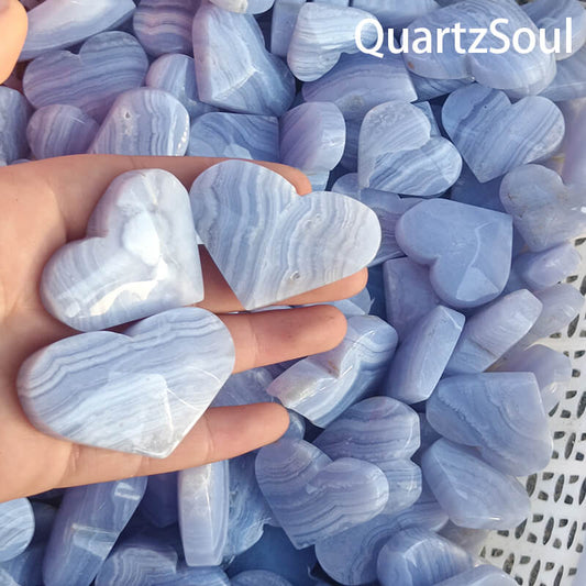 Wholesale Blue Lace Agate heart crystals with banded blue patterns