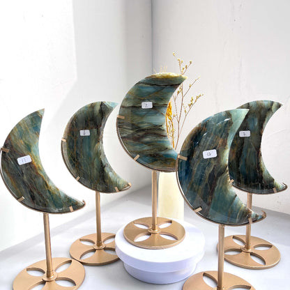 Blue Onyx Moon Crystal Carvings on Brass Stands Home Decor