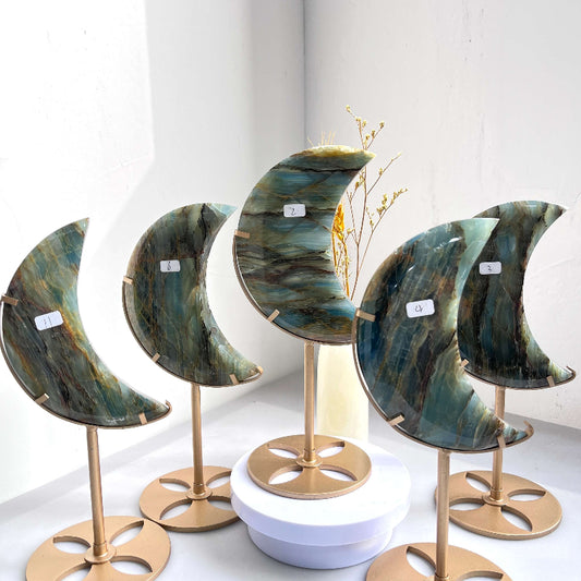 Blue Onyx Moon Crystal Carvings on Brass Stands Home Decor