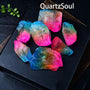 Natural raw crystal quartz with electroplated blue and pink finish on display plate