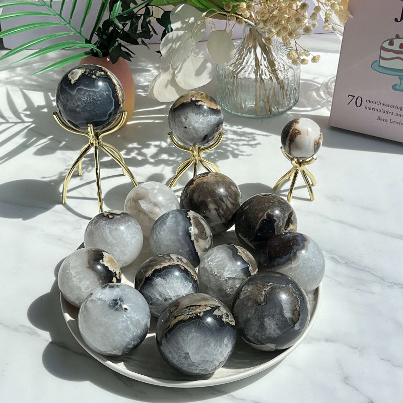 Unique Natural Patterns in Blue Volcanic Agate Crystal Sphere
