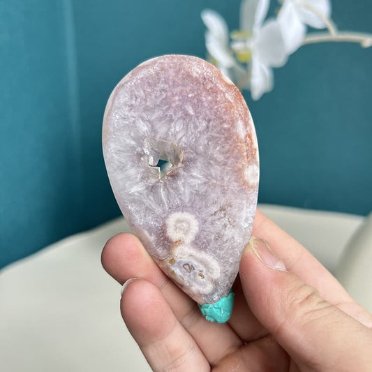 Pink Amethyst Flower Agate palm stone with purple crystal formation and white flower patterns