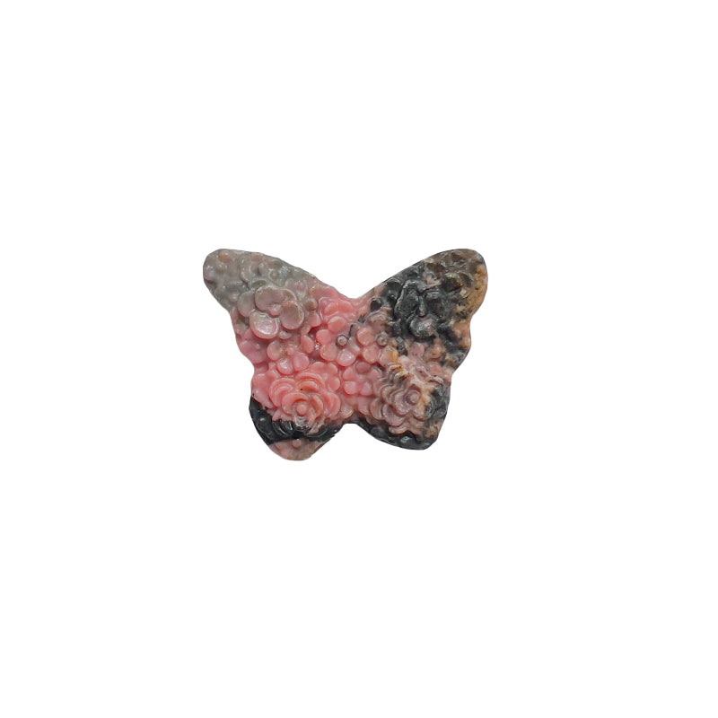 Color variations in rhodonite butterfly carving from soft pink to deeper rose tones