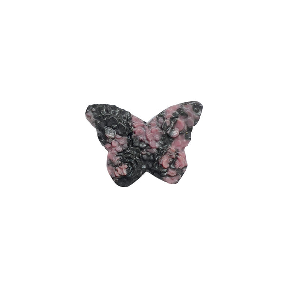Natural pink rhodonite butterfly carving with black matrix patterns for healing and emotional balance