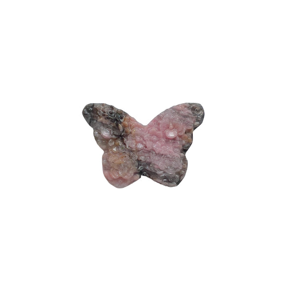 Butterfly shaped pink rhodonite crystal carving with natural patterns and healing properties