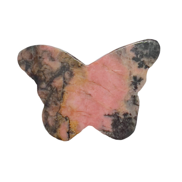 Close-up texture detail of rhodonite butterfly crystal carving