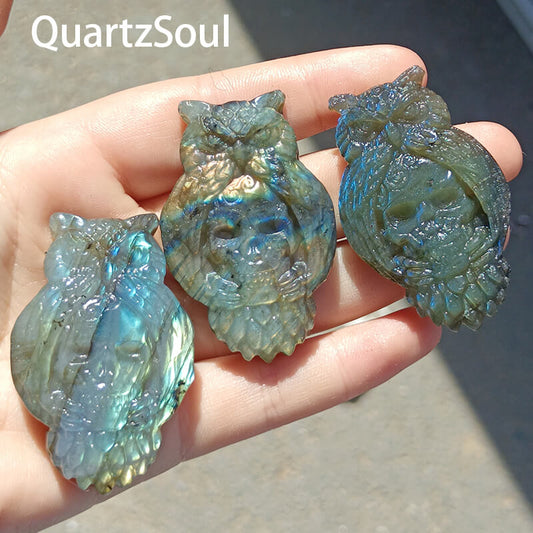 Carved blue flash labradorite owl crystal wholesale bulk