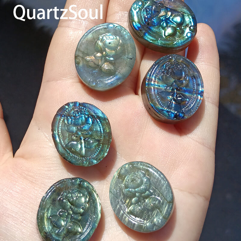 Carved blue labradorite with rose flower pattern for wholesale crystal suppliers