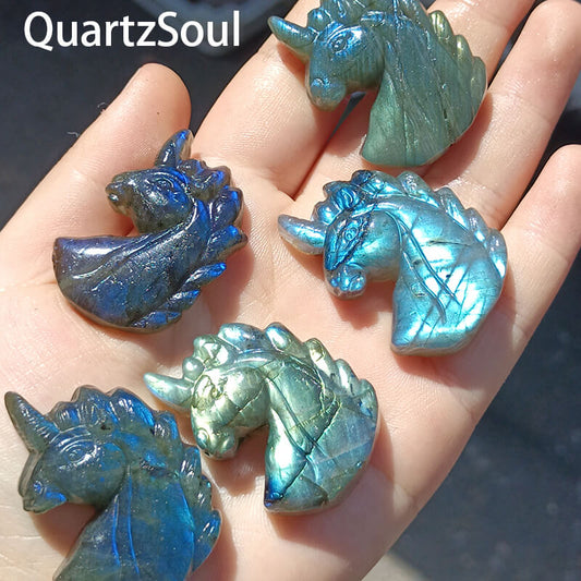 Carved blue labradorite unicorn crystal with iridescent flash for wholesale crystal suppliers