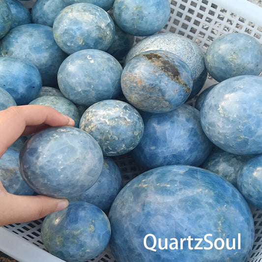 Natural celestite crystal spheres available for wholesale purchase