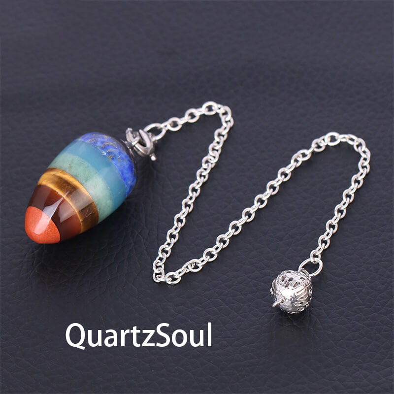 Seven layer chakra crystal pendulum with silver chain egg shaped divination tool