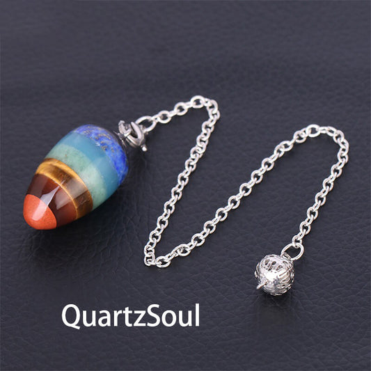 Seven layer chakra crystal pendulum with silver chain egg shaped divination tool