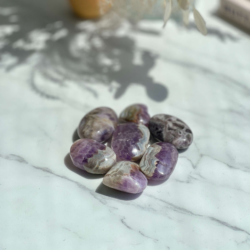 Natural Chevron Amethyst Palm Stone Showing Purple White Banded Patterns