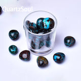 Chrysocolla tumbled stones in glass container showing size and color variation of healing crystals