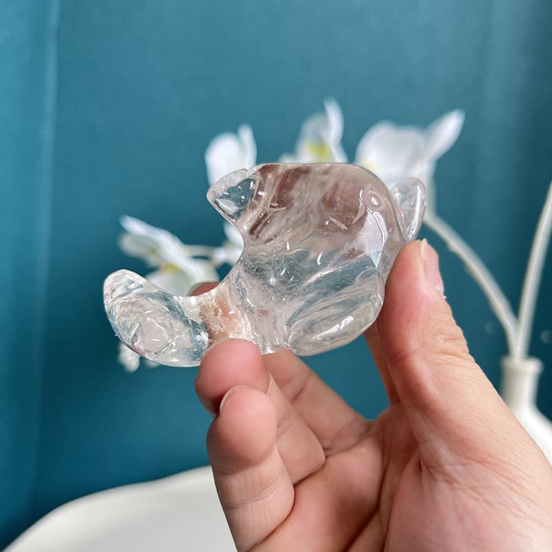 Clear quartz dolphin carving displaying beautiful light reflection properties