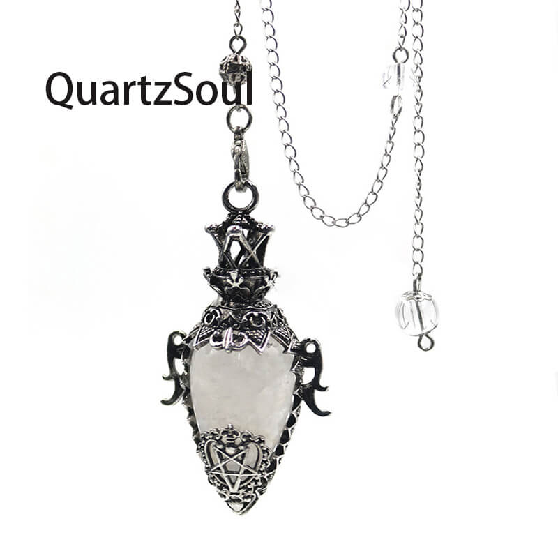 Clear Quartz Crystal Pendulum with Ornate Silver Cage for Accurate Dowsing