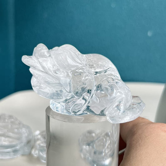 Hand carved clear quartz crystal golden toad figurine for prosperity and abundance