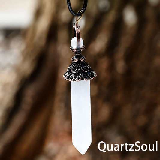 Clear quartz hexagonal crystal pendulum with vintage metal cap