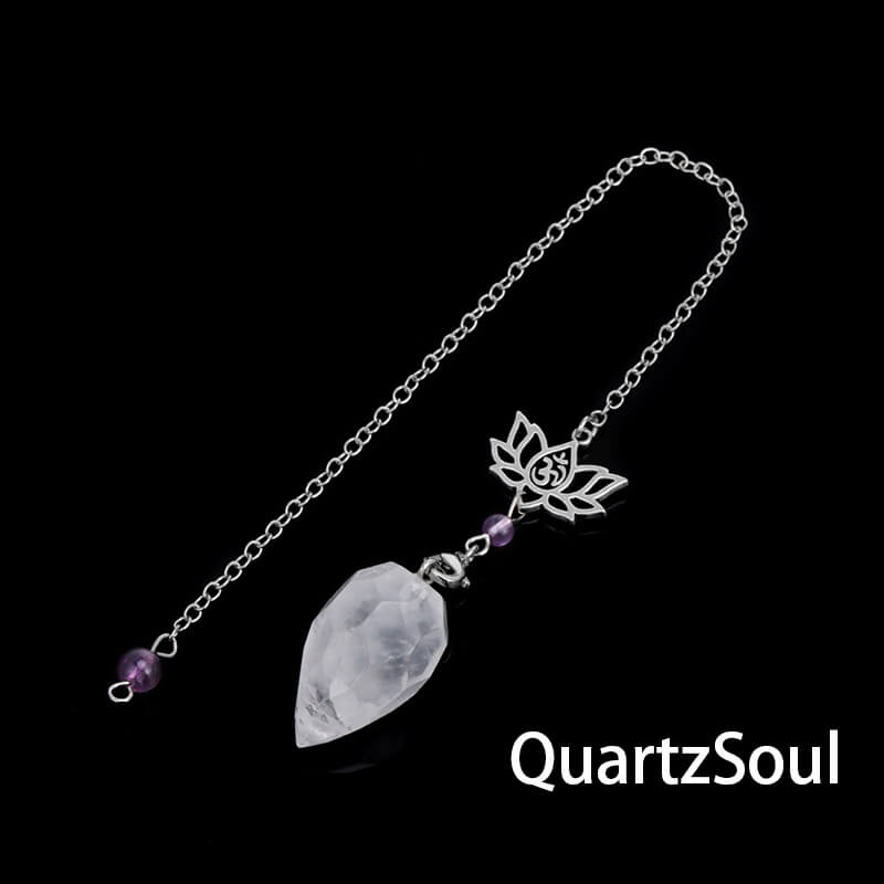 Clear quartz crystal pendulum with lotus charm for clarity and amplification