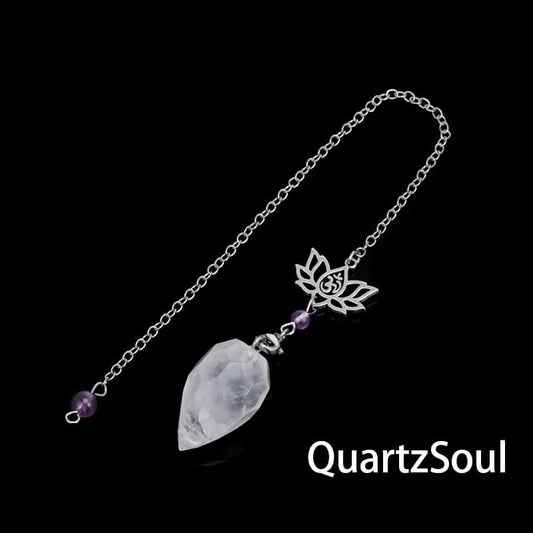 Clear quartz crystal pendulum with lotus charm for clarity and amplification