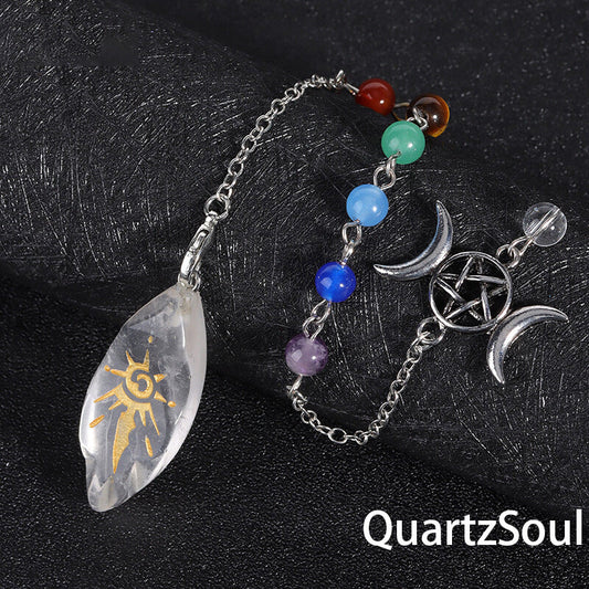  Clear Quartz Crystal Pendulum with Chakra Stones and Triple Moon Divination Tool