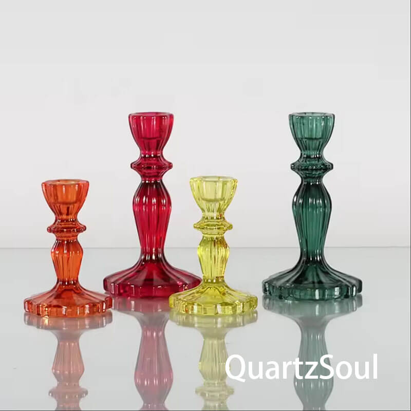 Elegant crystal candle holders in red, green, yellow and orange for taper candles and crystal display