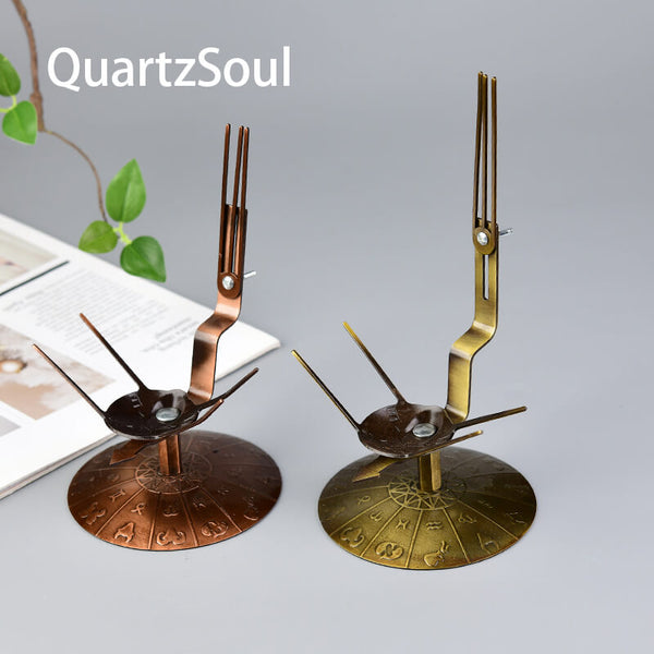 Copper crystal display stand with astrological base for quartz clusters